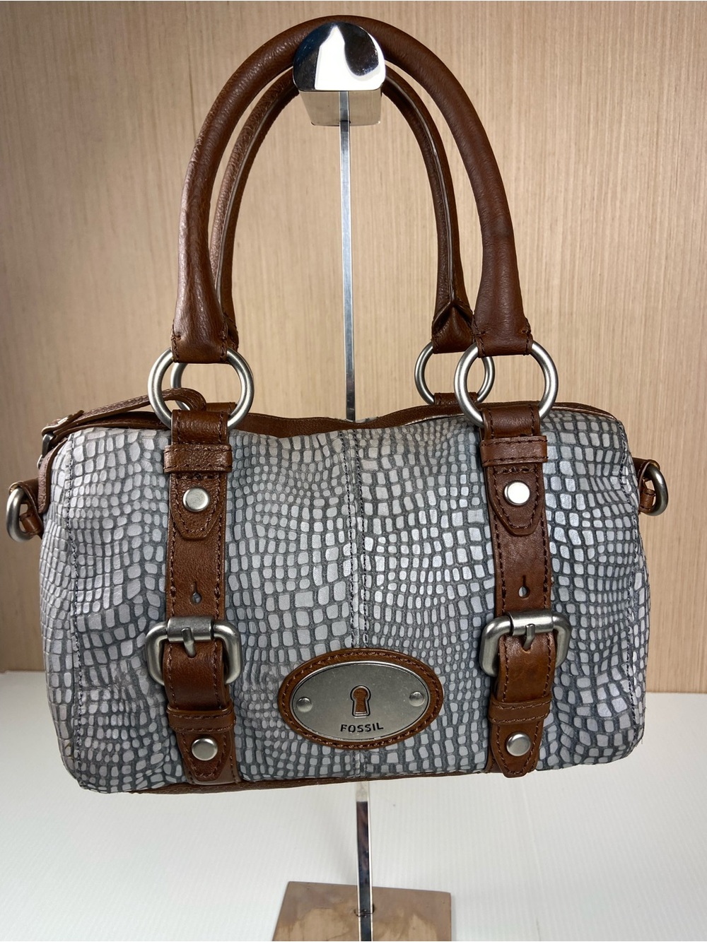 Fossil Vintage Reissue Snake Embossed Leather Satchel Crossbody Gray Brown
